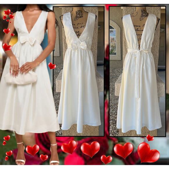 Lulus Ivory Sleeveless Bow Elegant Destiny Sleeveless Bow Midi Dress Size M - Picture 1 of 10